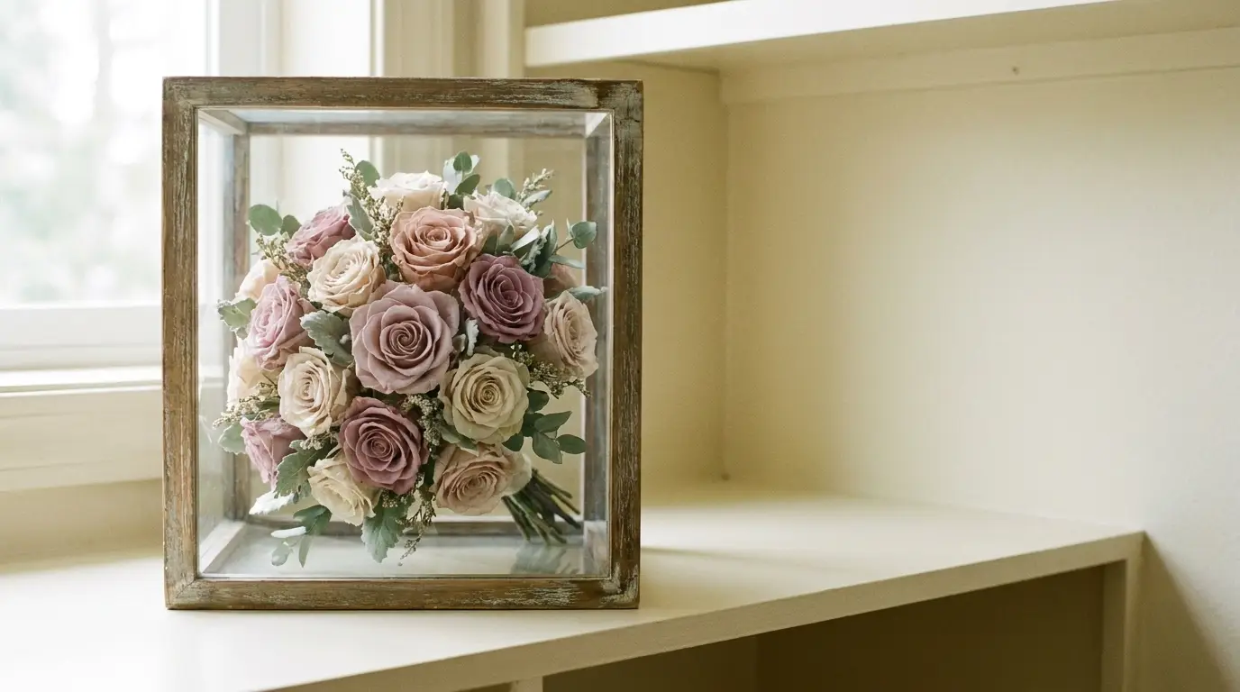 Bouquet of pink and cream roses in wooden glass box on white shelf