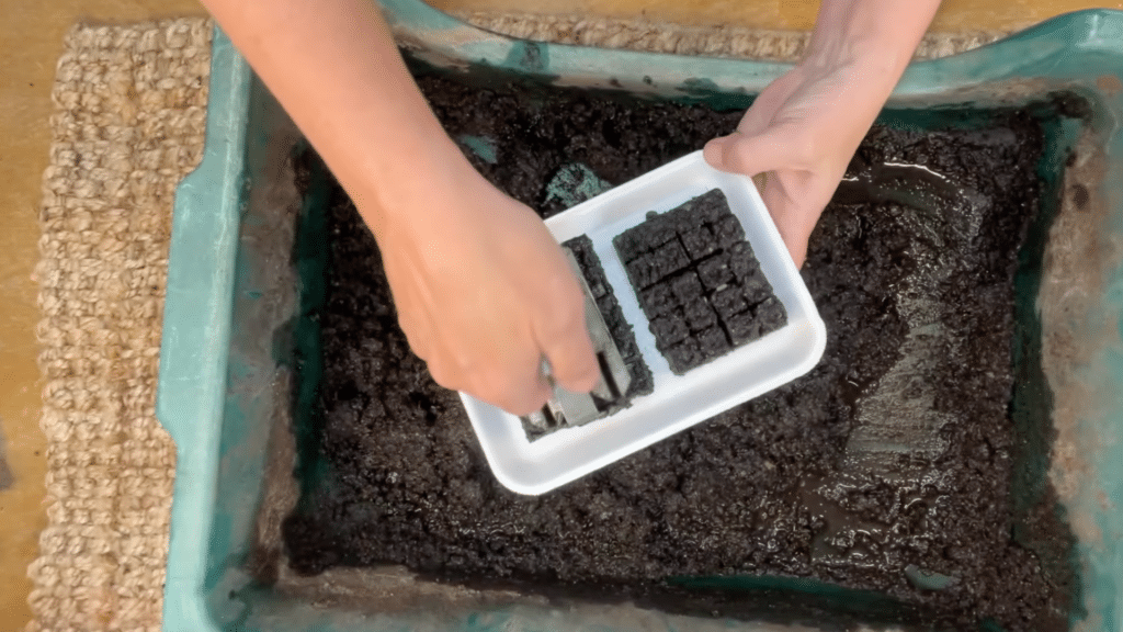 pressing soil into mold to create uniform soil blocks in tray for strong and even planting preparation