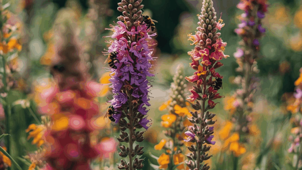 purple and pink flower spikes with bees collecting nectar in a sunny garden