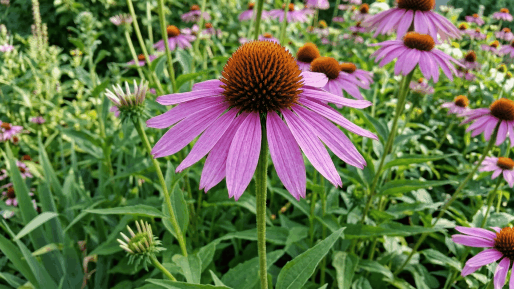 purple coneflower blooming in lush garden with green foliage illustrating perennial flower vs annual plant differences