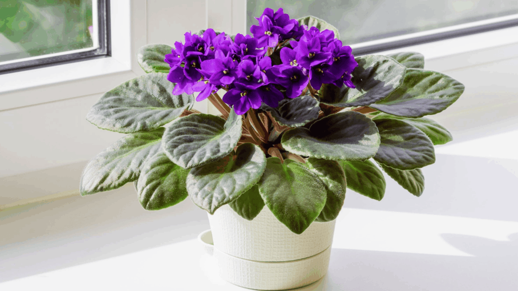 purple flowering indoor plant with green leaves in a pot placed on a windowsill in bright natural light