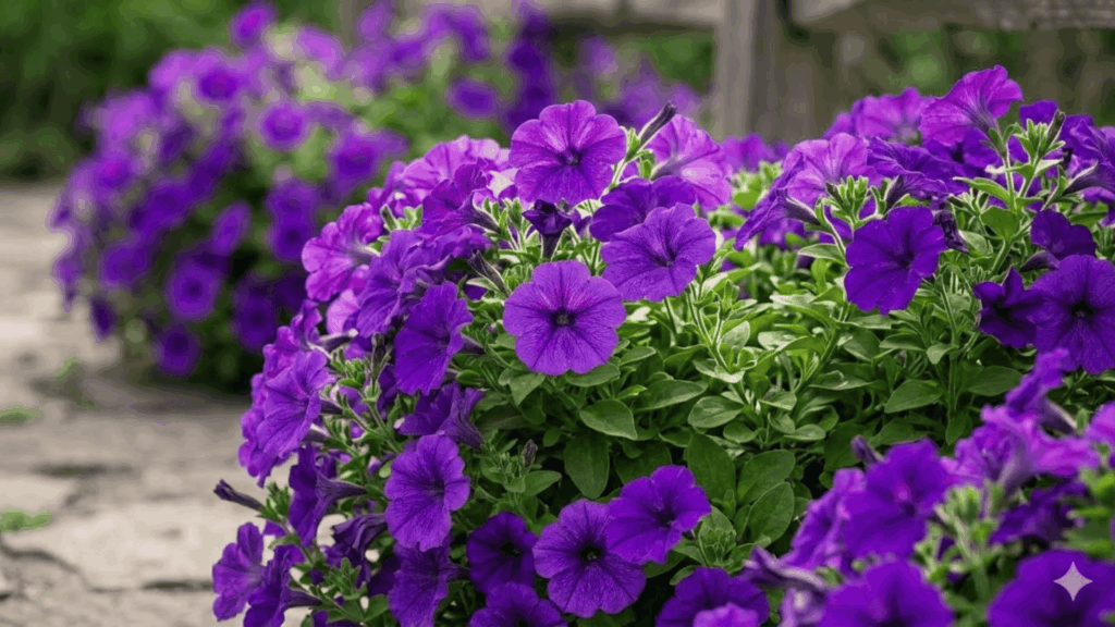 purple petunias with green leaves in a garden with sunlight and detailed flower texture