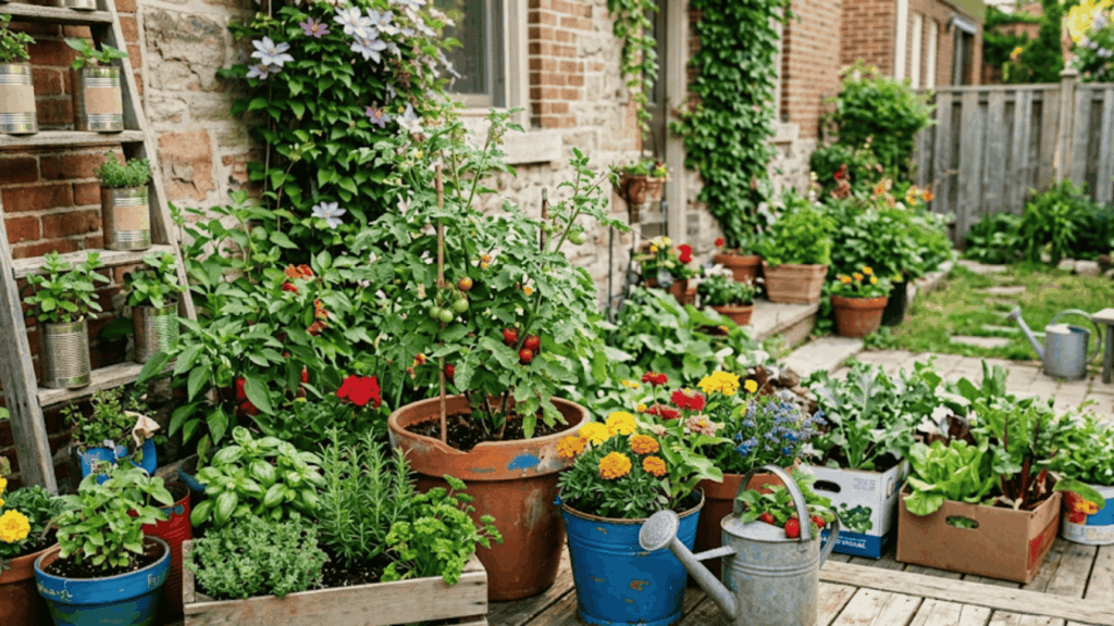 recycled container garden with vegetables and flowers growing in reused pots boxes and cans on a patio
