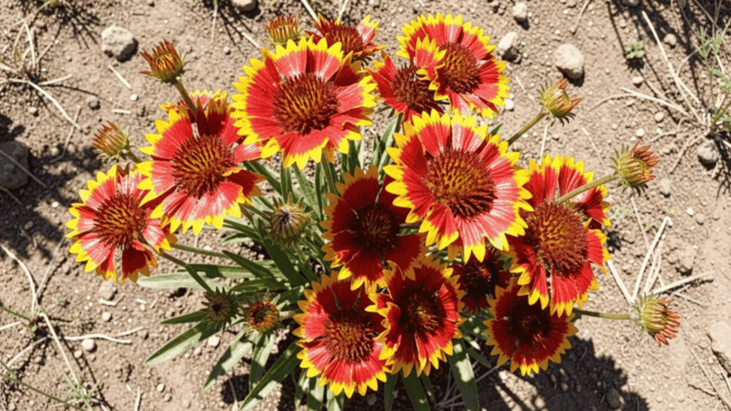 red and yellow blanket flowers blooming in dry soil under bright sunlight in a garden