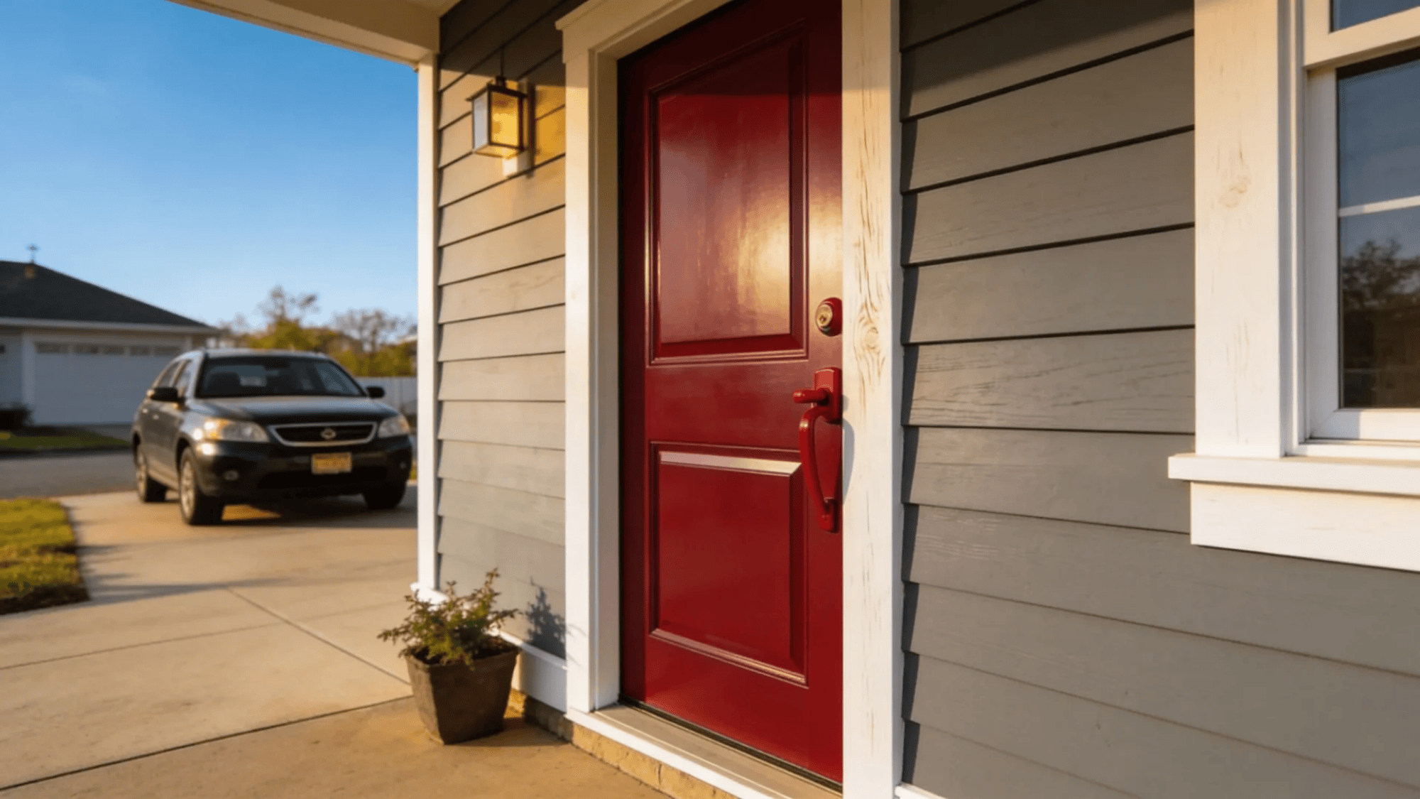 red front door on gray house with porch light and car parked in driveway nearby