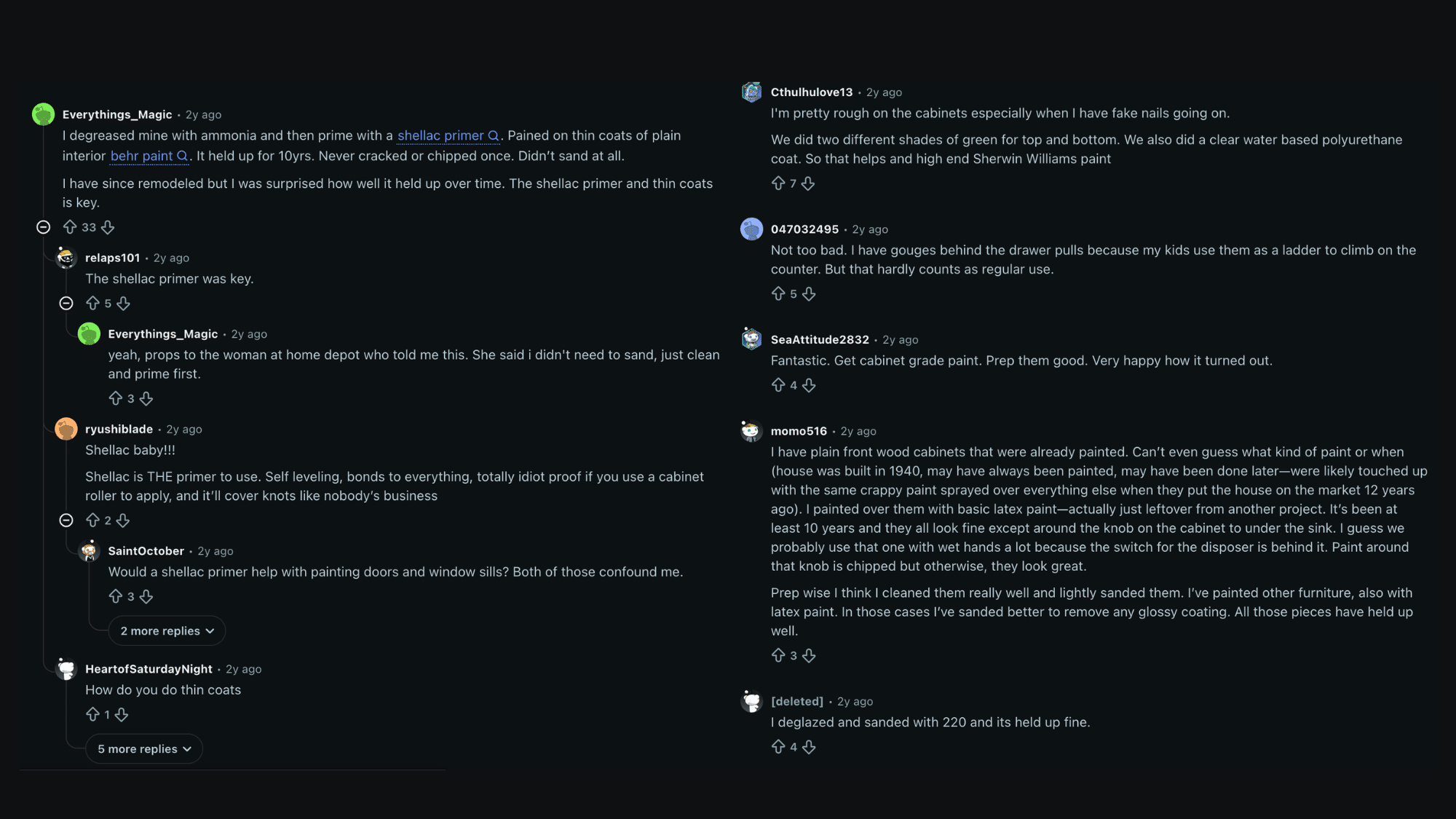 reddit discussion sharing real tips and experiences on painting bathroom cabinets including prep primer and durability results