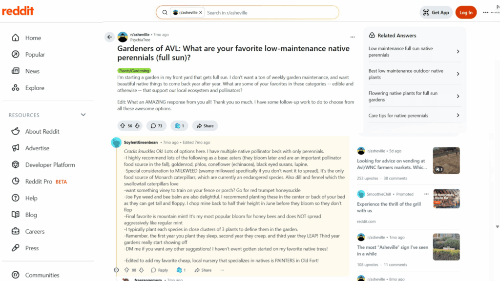 reddit page showing a post about low maintenance native perennials with comments and sidebar content