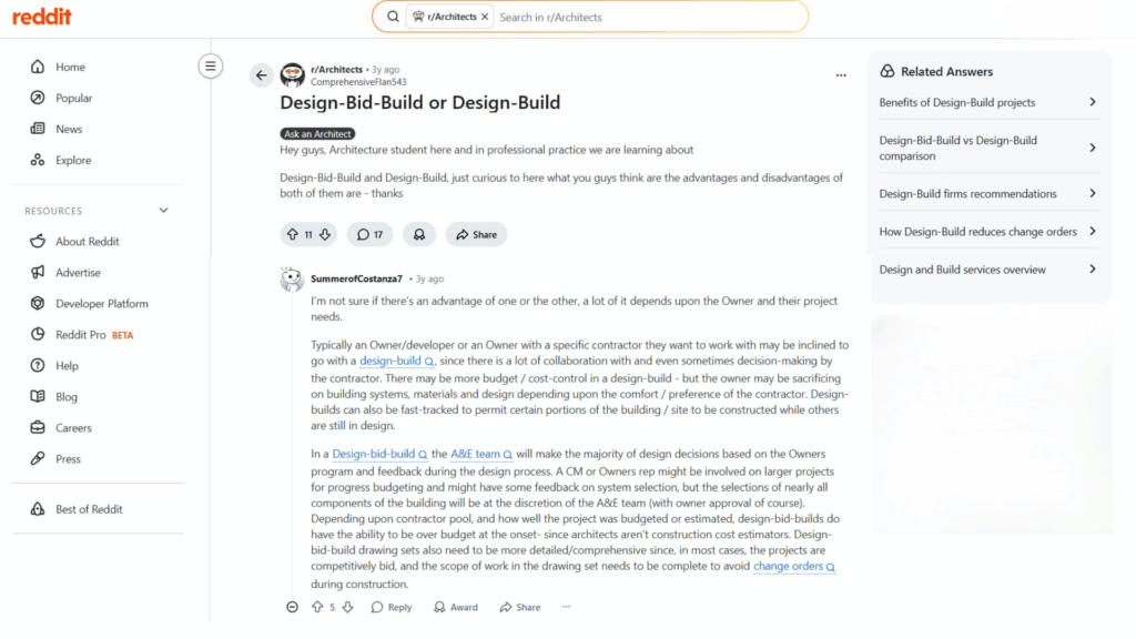 reddit page showing discussion about design bid build and design build methods