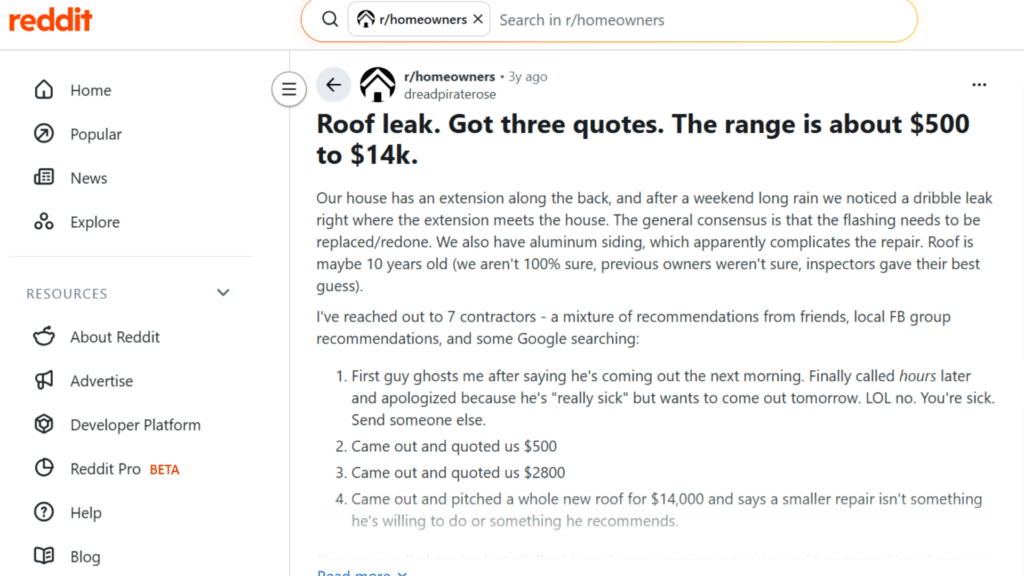 reddit post about roof leak quotes showing roof leak repair cost discussion
