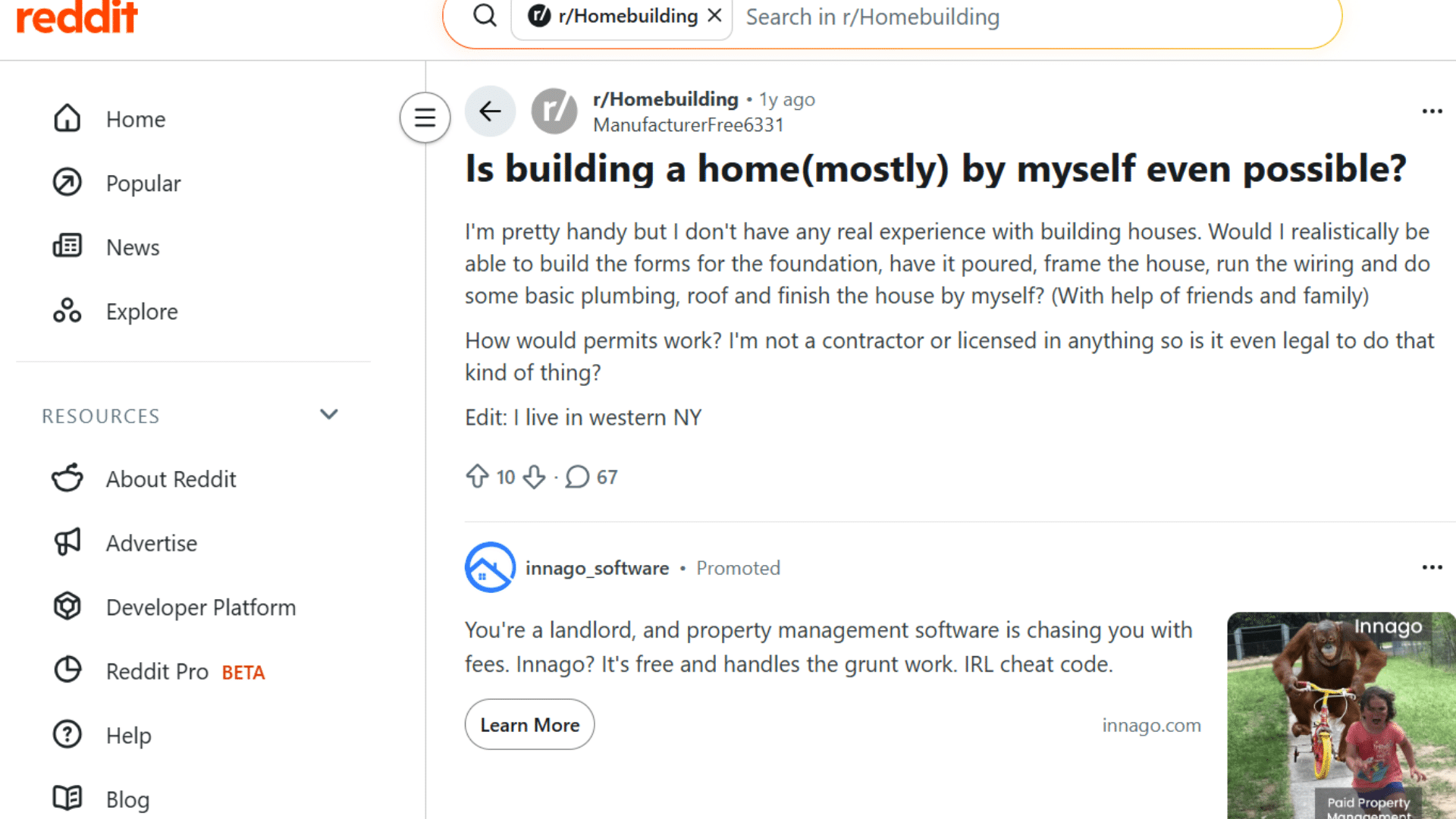 reddit post asking can i build my own house with no experience in homebuilding