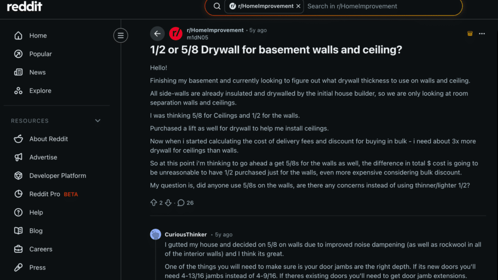reddit thread asking how thick is drywall for different areas of the home with user comments discussing soundproofing