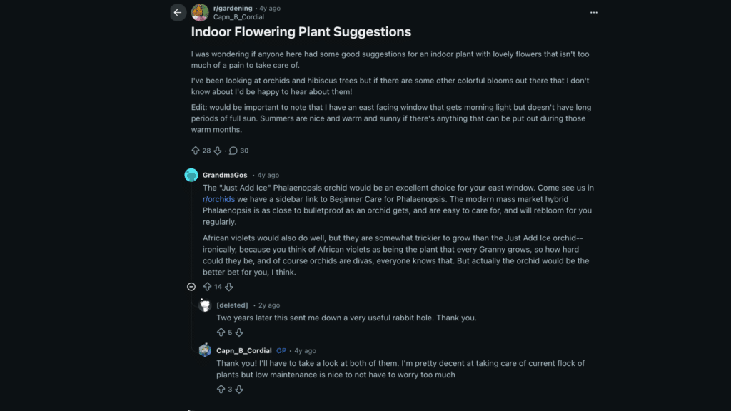 reddit users sharing tips and suggestions on how to grow flowers indoors including lighting watering and soil