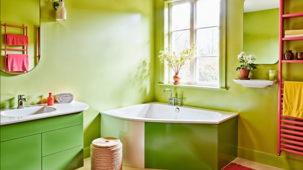 retro pop color bathroom with bright green walls pink accents and playful decor creating lively space