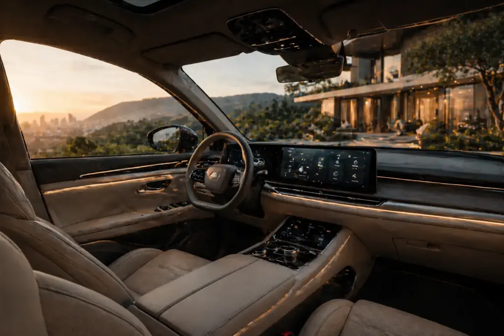 Luxury car interior with leather seats and digital dashboard, overlooking cityscape at sunset