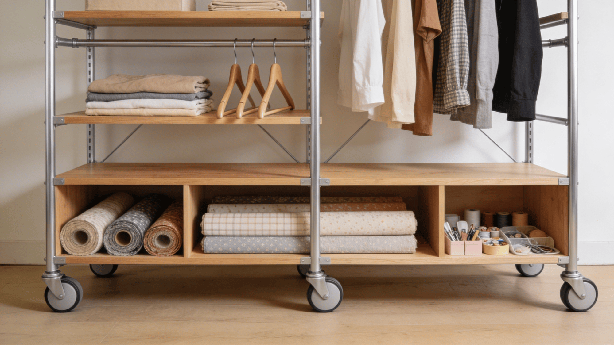 rolling diy clothes rack with shelves and hanging rod on wheels for easy storage and movement