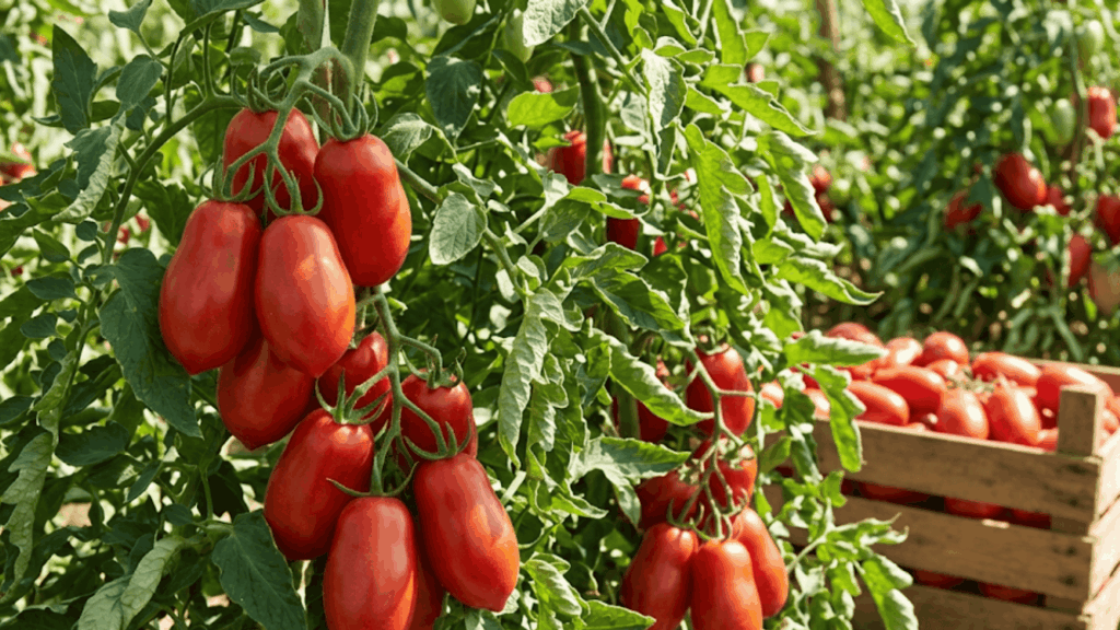 roma tomatoes on a plant with red oval tomatoes and a crate of picked tomatoes