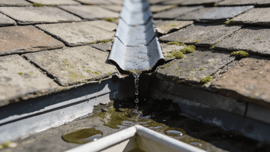roof valley leak with water dripping on shingles showing roof leak repair cost concept