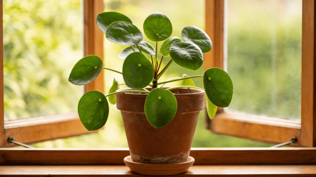 round green leaves plant in window sunlight
