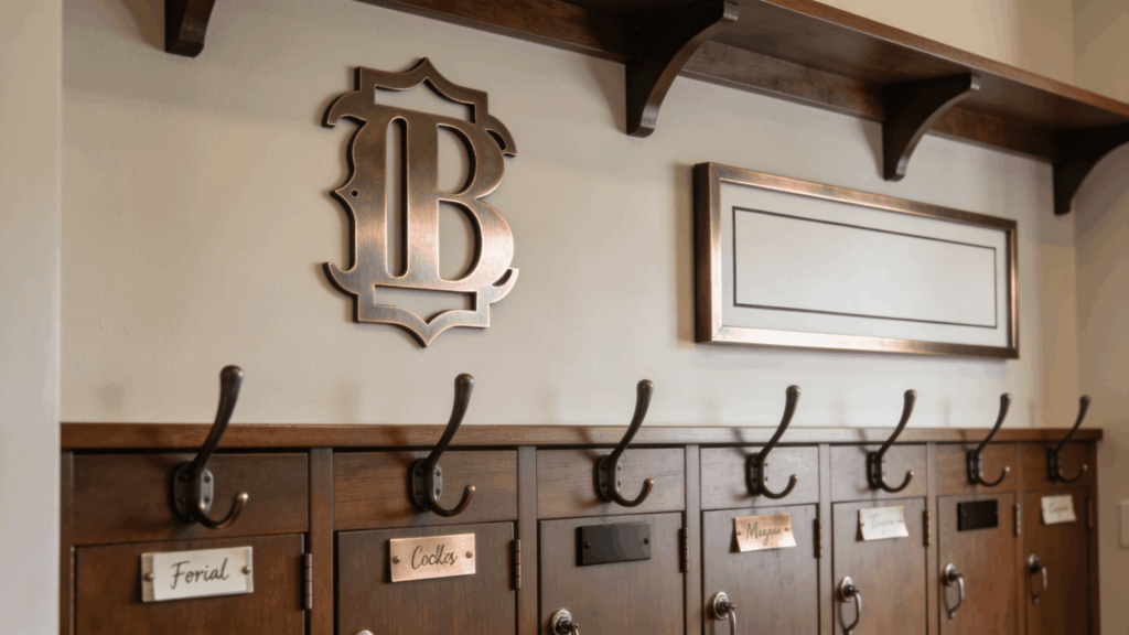 row of wooden lockers with hooks and labeled doors creating organized personal storage in mudroom
