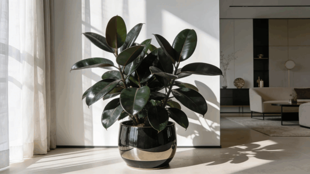 rubber plant with thick dark green leaves placed in bright indoor living room with modern decor
