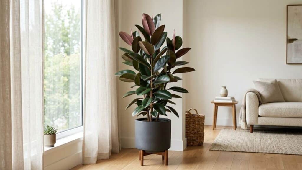 rubber plant with thick shiny leaves in indoor corner showing strong low maintenance growth