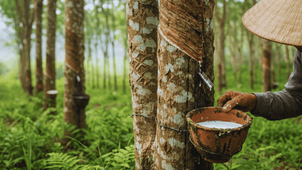 rubber tree tapping process with farmer collecting latex in bowl in plantation