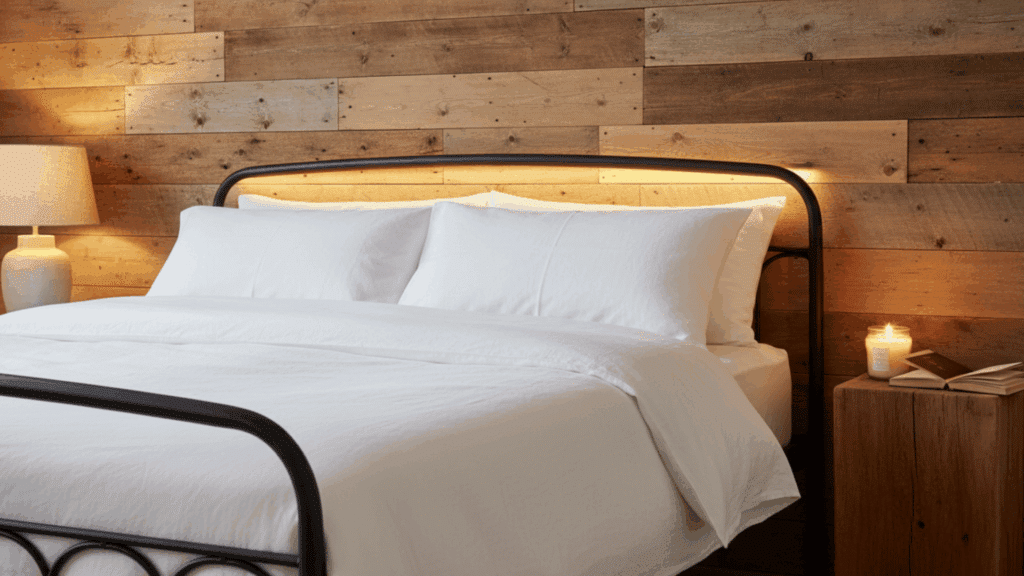 rustic bedroom with wood wall metal bed frame candle and warm light