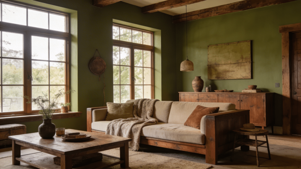 rustic olive green and brown living room with wooden furniture natural textures warm lighting and large windows with sunlight