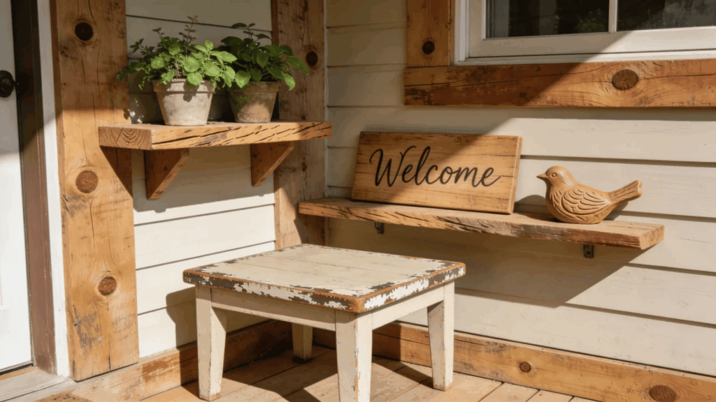 rustic porch shelves potted plants welcome sign wooden