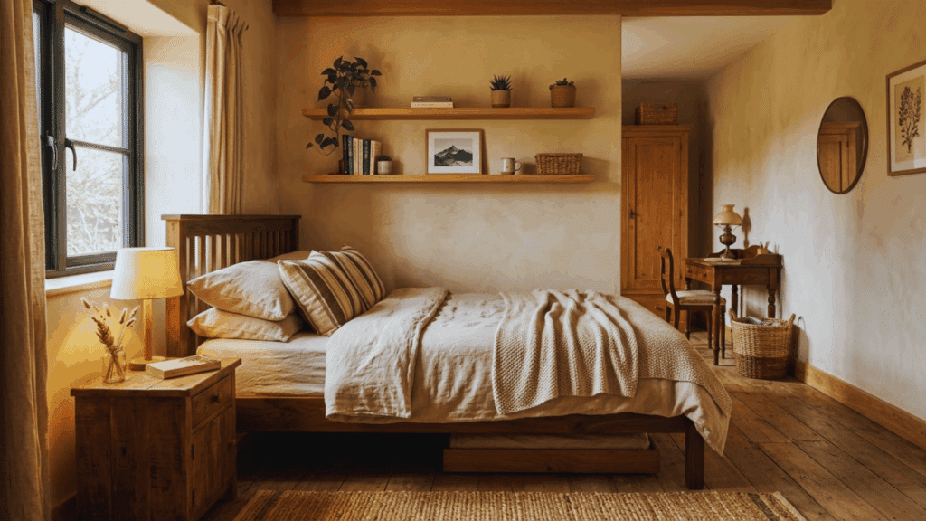 rustic teen bedroom with wooden bed warm lighting shelves and natural decor