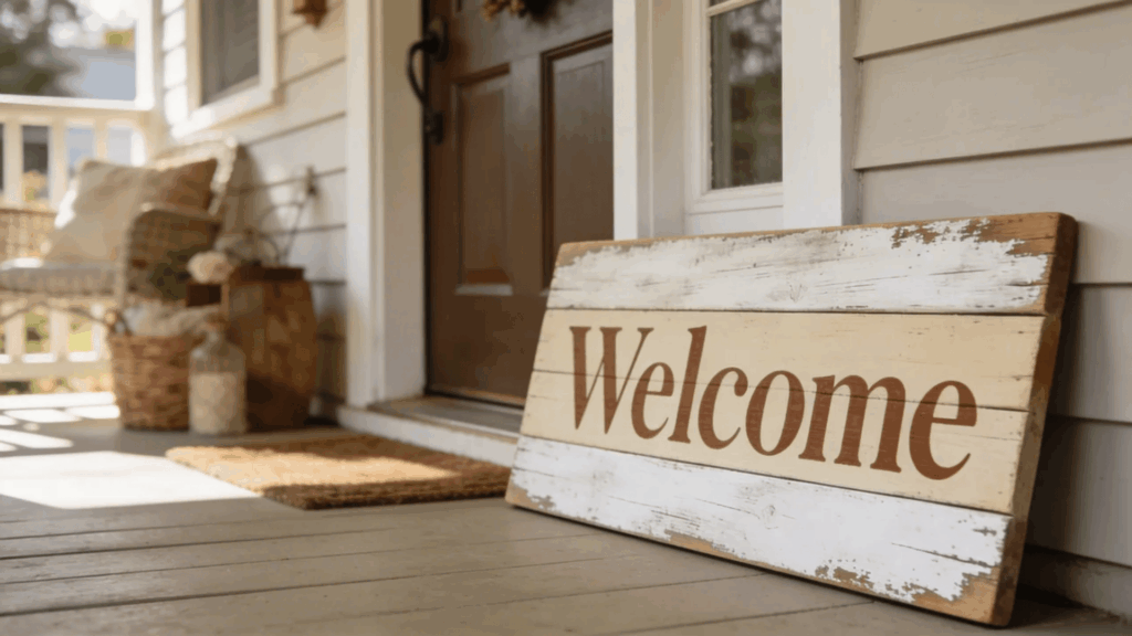 rustic welcome sign wooden porch cozy entry decor farmhouse style seating plants