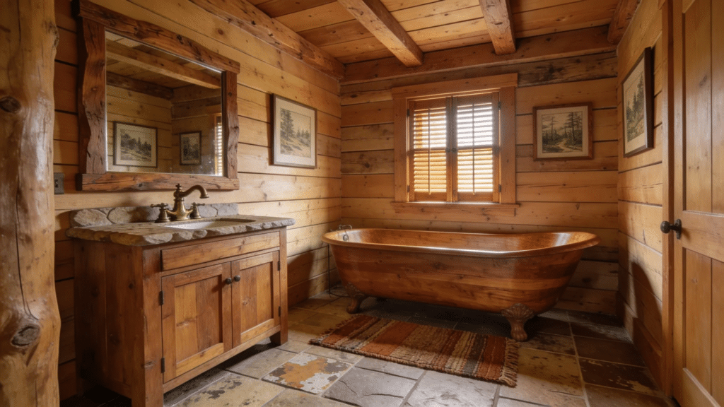 rustic wood cabin bathroom design with wooden tub stone sink and warm natural textures