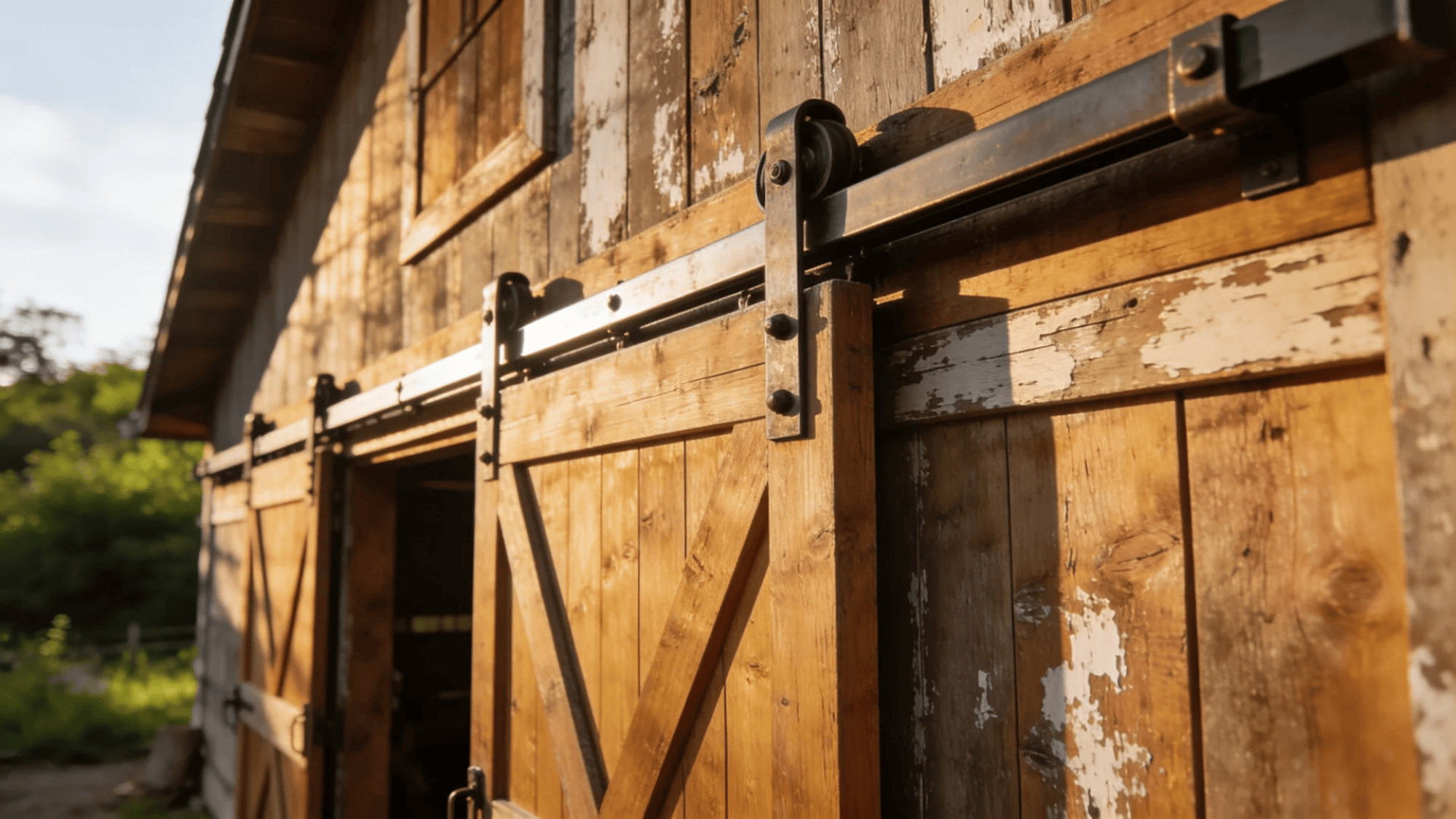 rustic wooden barn doors with metal sliding hardware on weathered exterior wall in sunlight