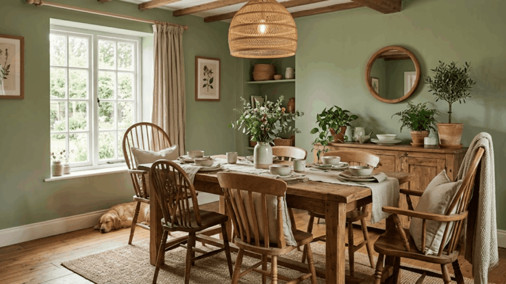 sage green dining room with wooden furniture plants and soft light creating a calm natural and relaxed feel