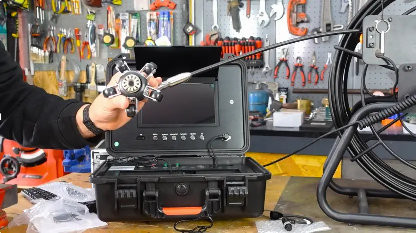 Inspection camera being demonstrated in a cluttered workshop with various tools on the wall