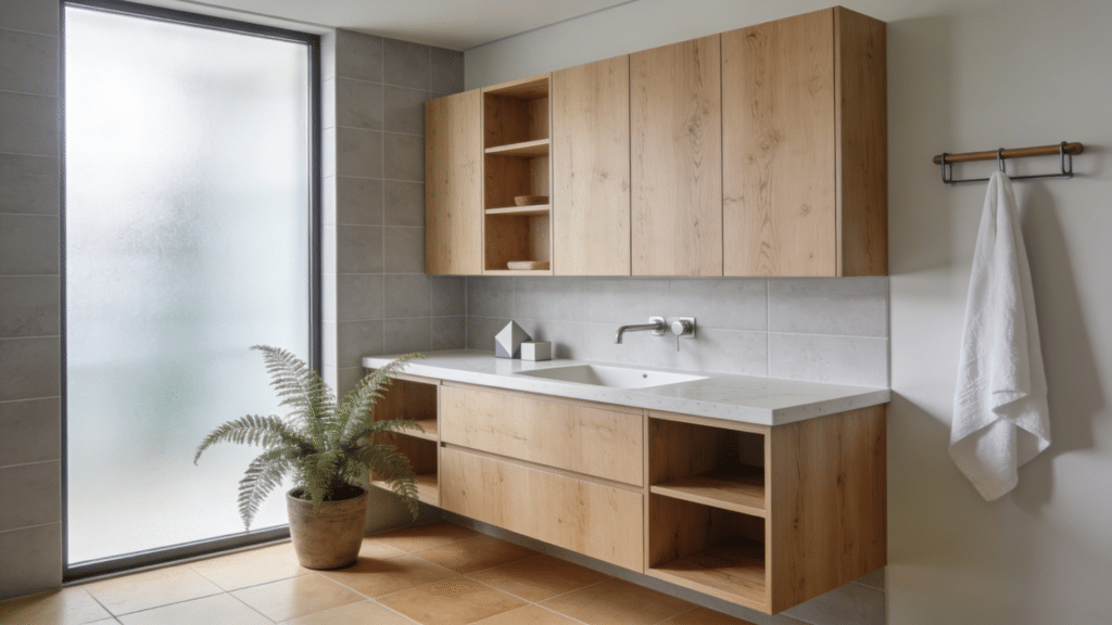 scandinavian light wood bathroom design with simple vanity natural tones