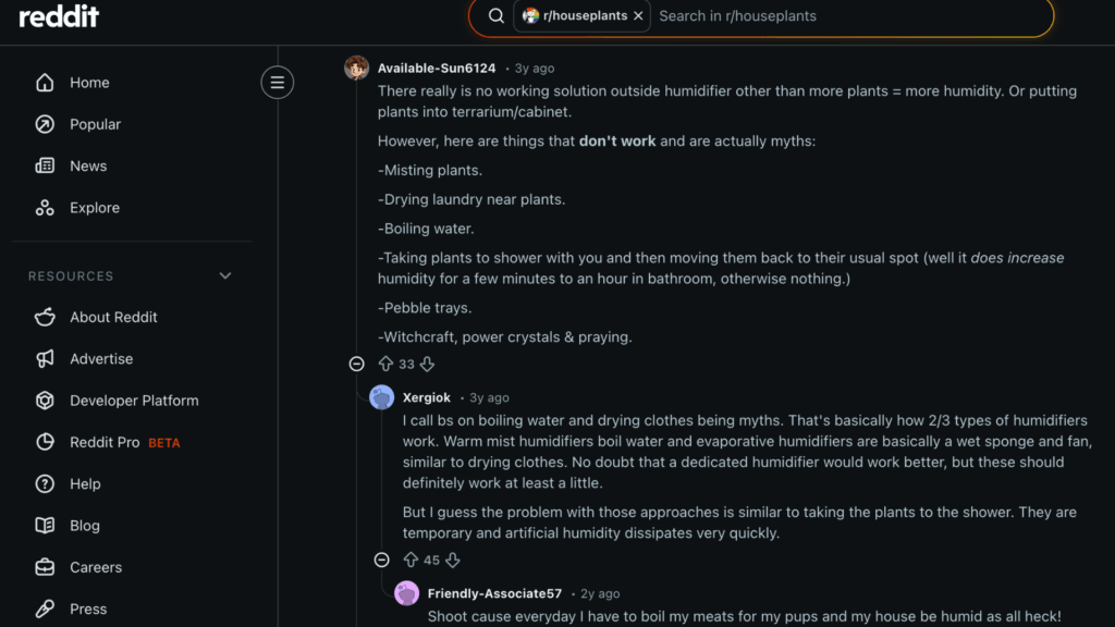 screenshot of reddit discussion about increasing plant humidity showing comments tips and opinions on plant care methods