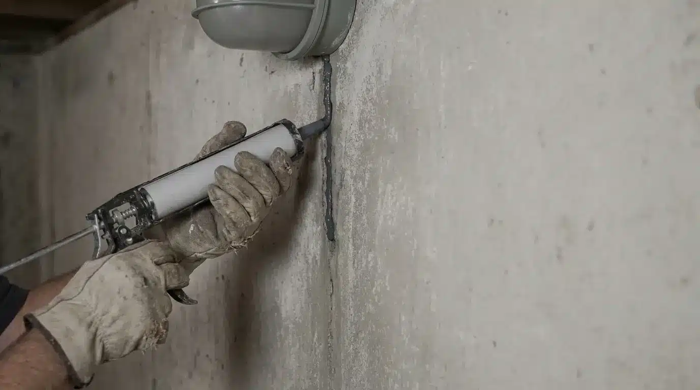 Hands in gloves applying caulk to a concrete wall in a workshop setting