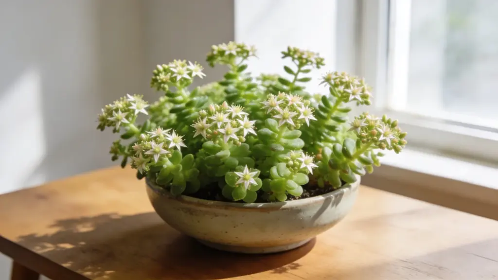sedum succulent with thick green leaves and tiny white star-shaped flowers in a shallow pot on a sunlit table