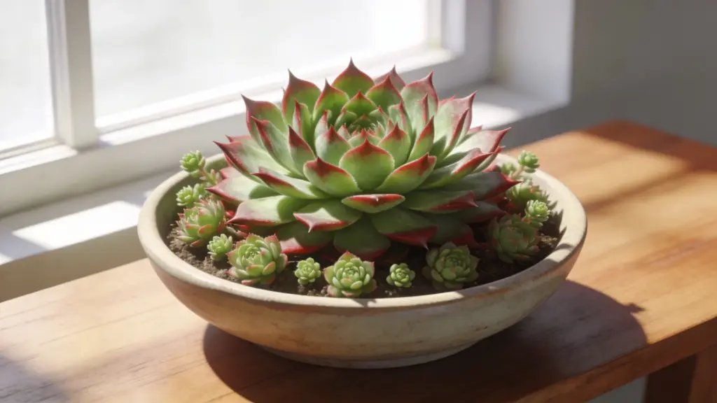 sempervivum succulent with a central rosette and small offset chicks in a shallow pot on a wooden table near a bright window