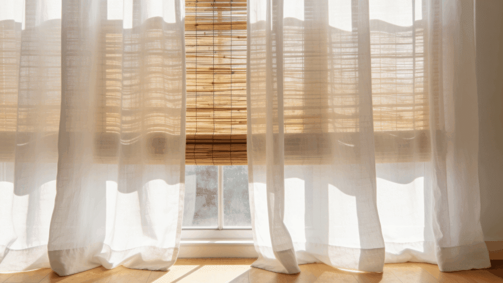 sheer white curtains with sunlight filtering through a window and bamboo blinds casting soft shadows on wooden floor