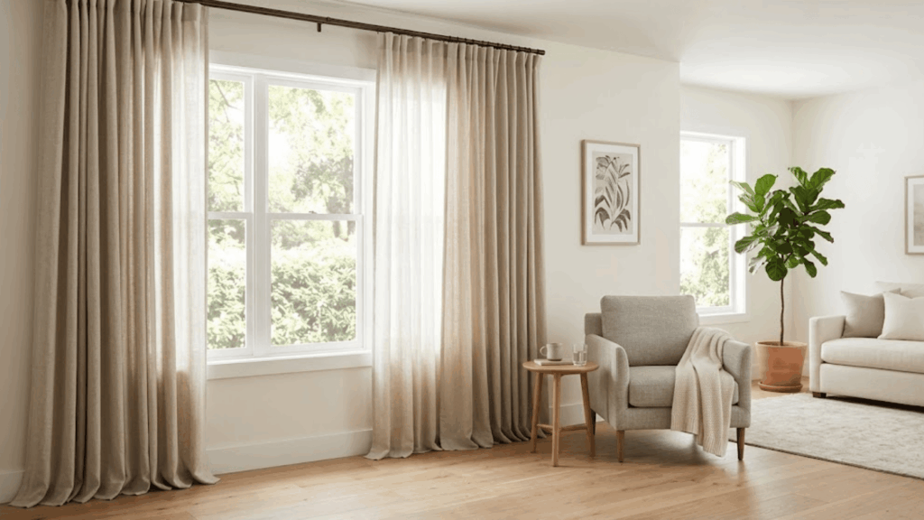 should curtains touch the floor beige curtains reaching floor in room with window and armchair