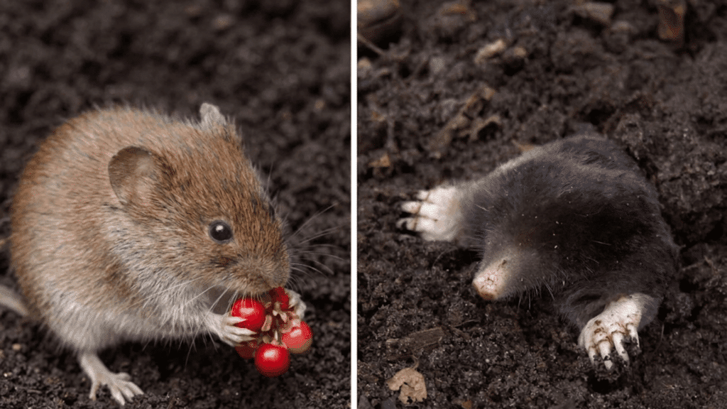 side by side image of vole eating berries and mole digging in soil showing clear difference