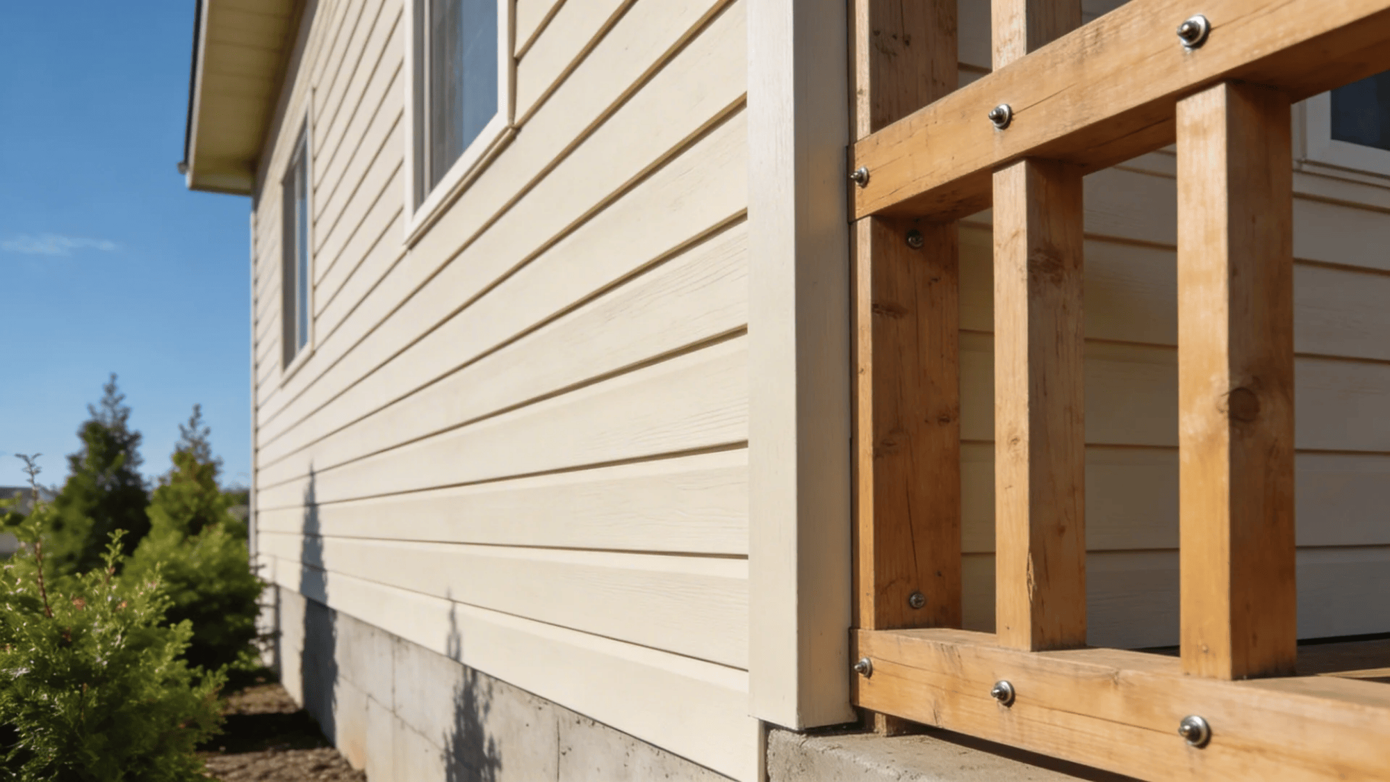 side view of house exterior with light siding wooden railing and garden plants in sunlight