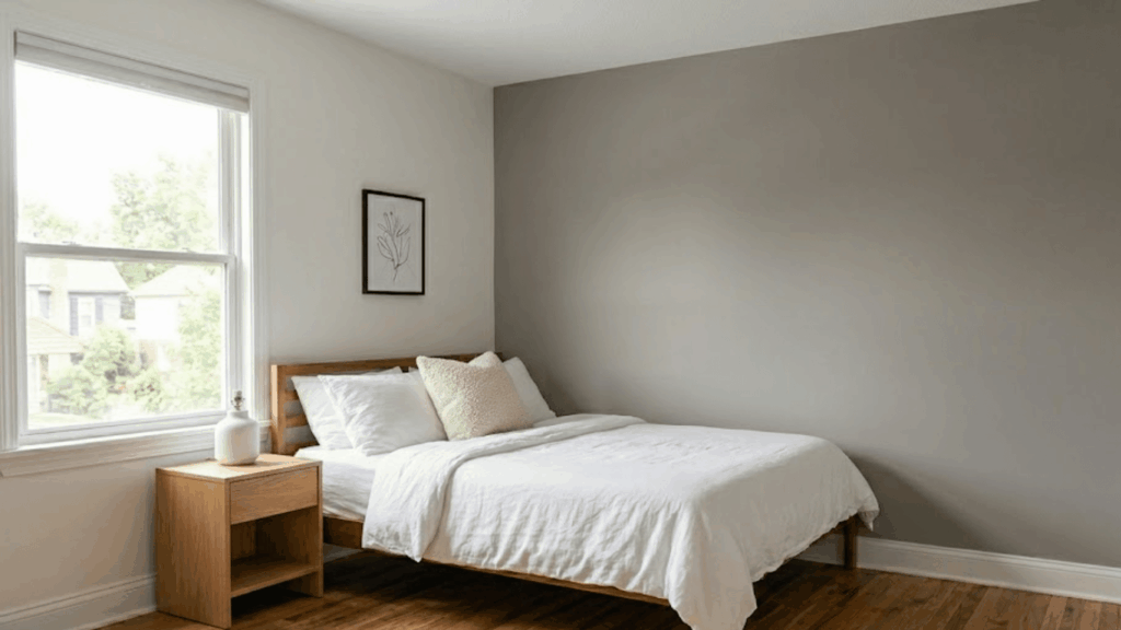 simple bedroom with wooden bed white bedding small nightstand and gray accent wall near window