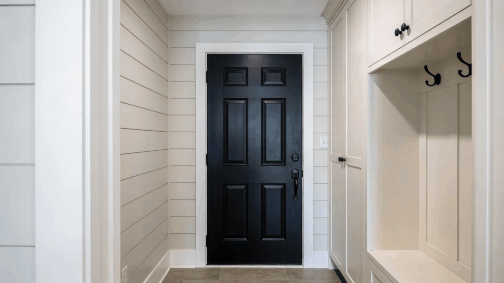 simple entryway with black front door and built in cubbies creating clean functional mudroom design