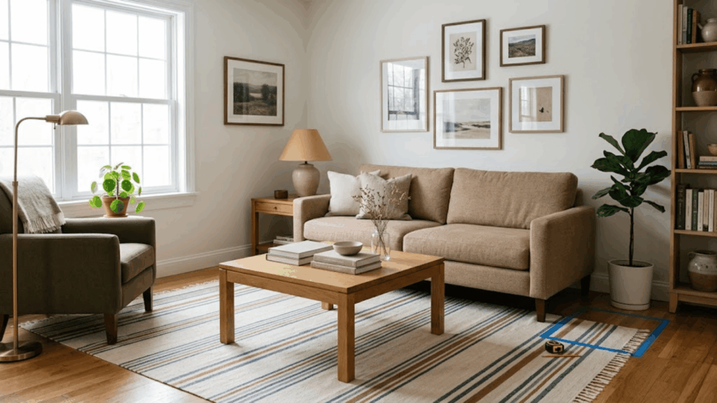 simple living room with neutral sofa wood table and decor showing principles of interior design unity