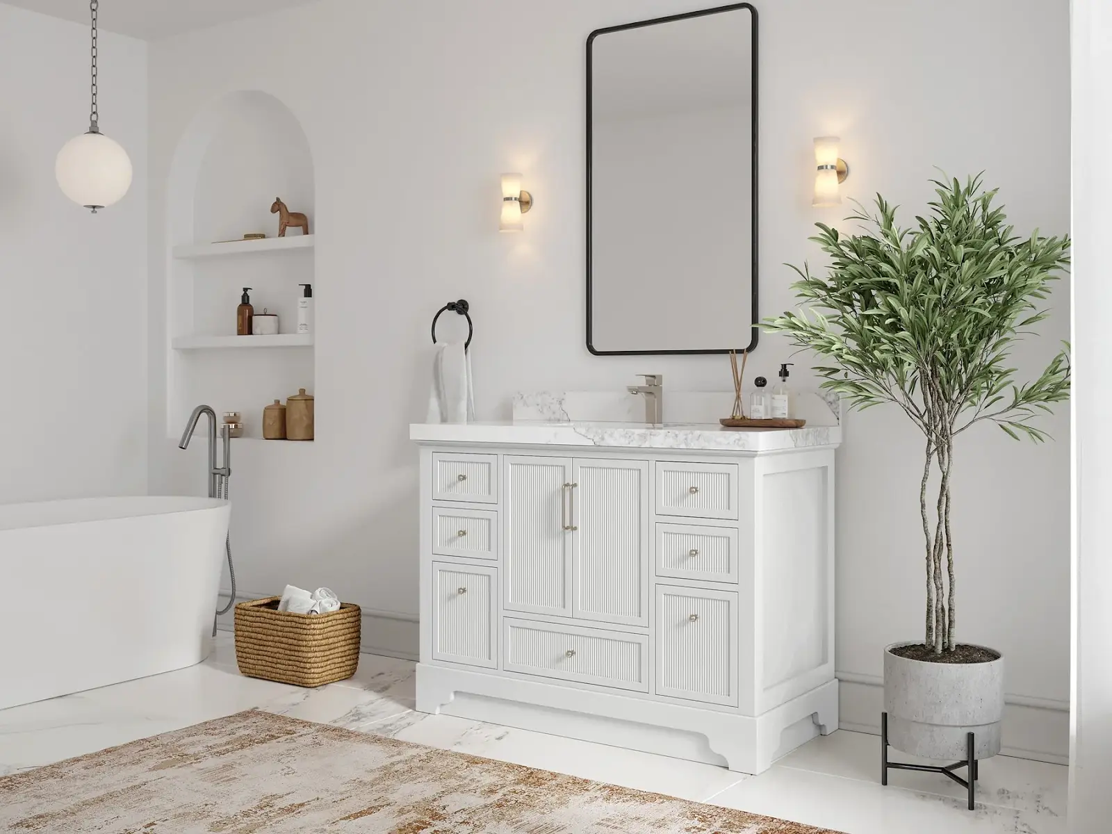 Minimalist bathroom with white vanity, large mirror, and potted plant on marble floor