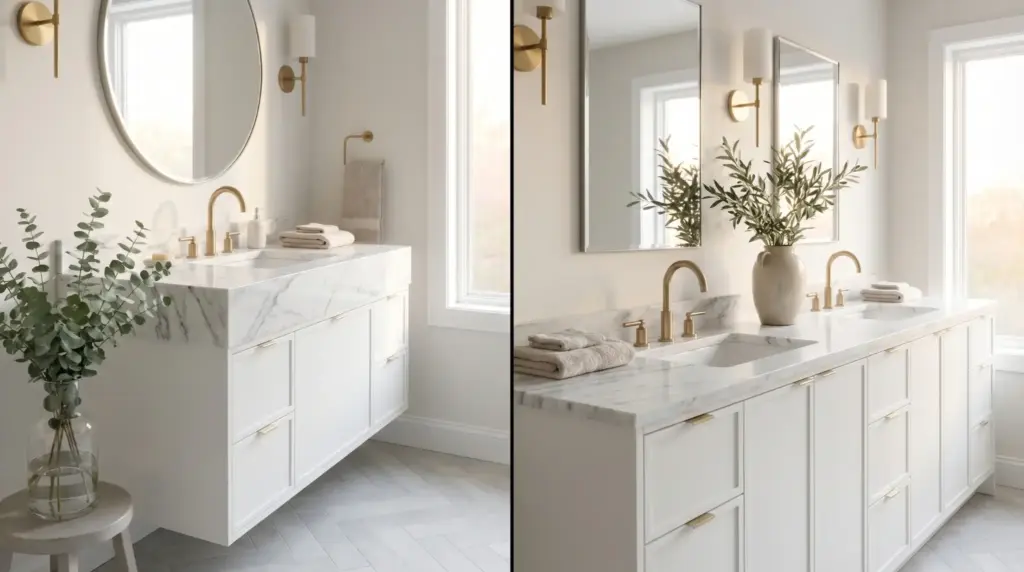Marble bathroom vanity with brass fixtures and large mirrors in bright daylight setting