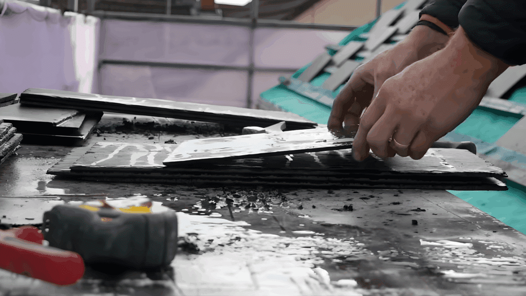 slate roof installation in progress showing careful handling of slate tiles with proper tools